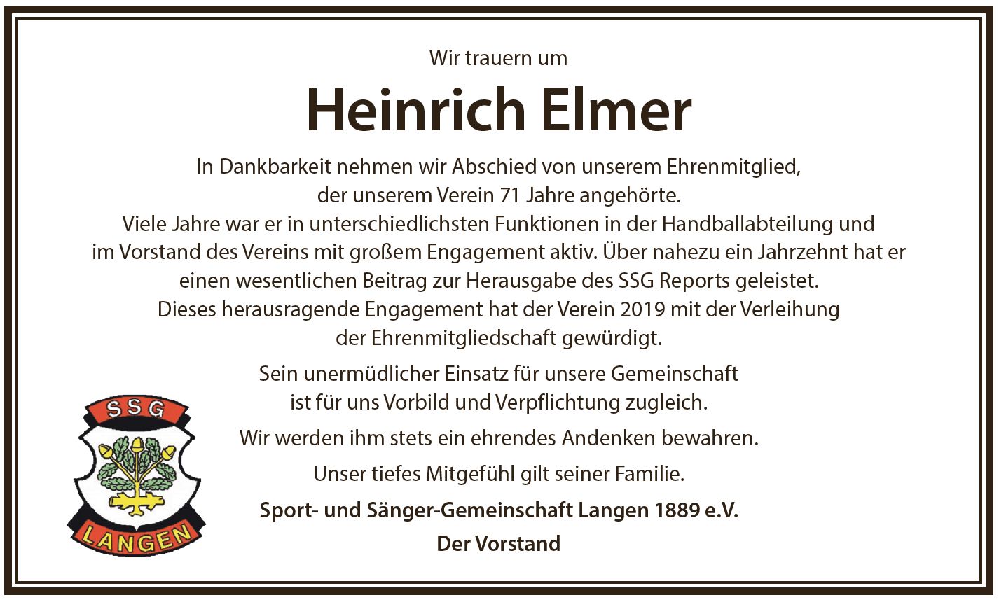Traueranzeige zum Tod unseres Ehrenmitglieds Heinrich Elmer